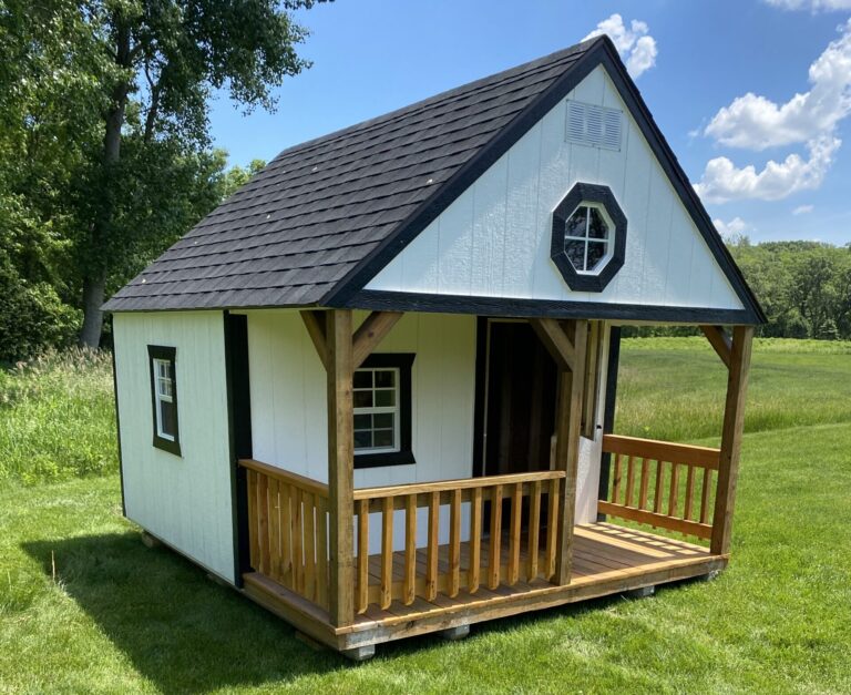 outdoor shed with a built in porch, windows, and shingled roofing