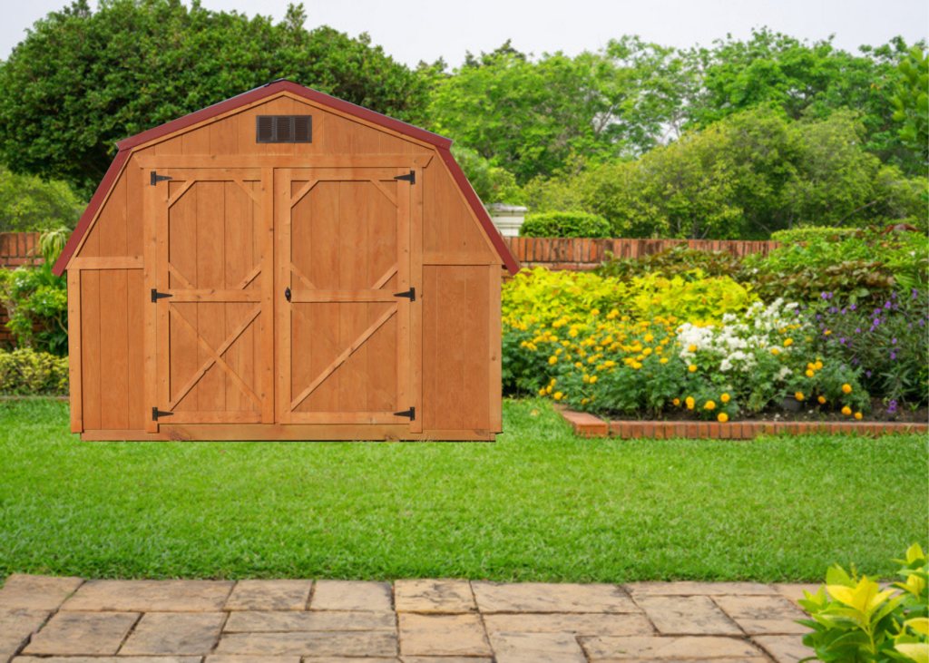 a standard shed with double doors painted in a natural stain